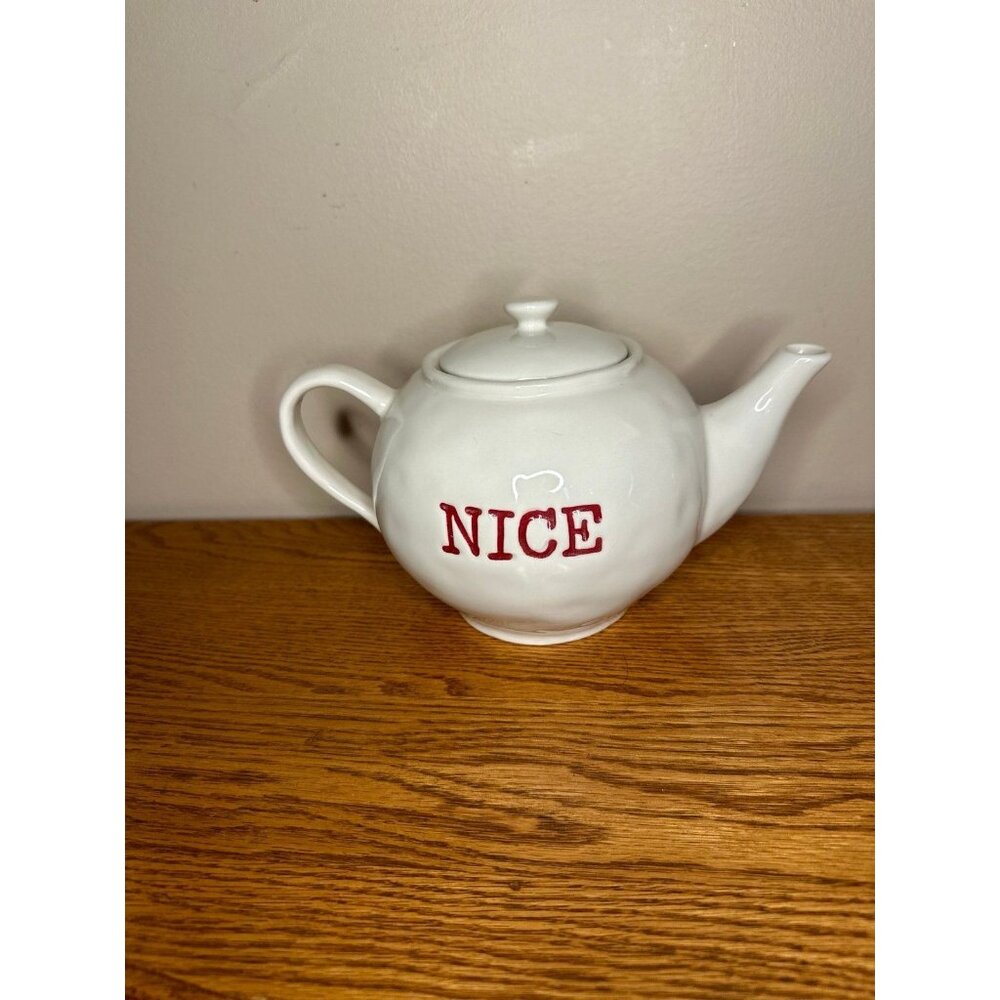 POTTERY BARN NAUGHTY & NICE CERAMIC TEAPOT  Holiday Christmas Ceramic 6” tall